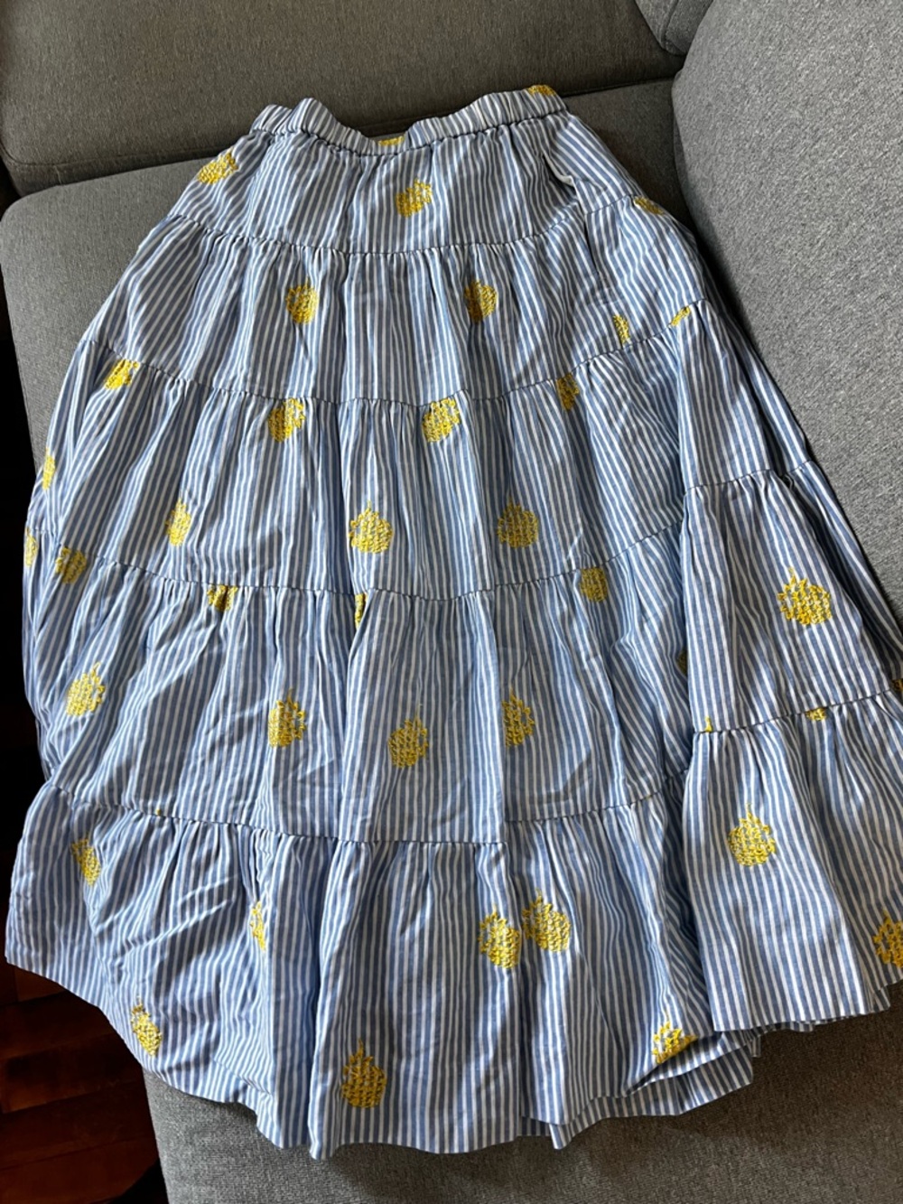 J. Crew Blue & White Striped Tiered Skirt with Yellow Embroidery